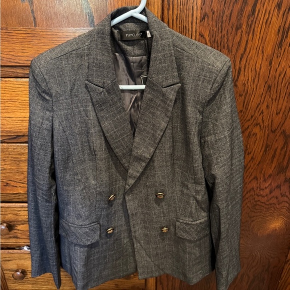 Yunclos Double Breasted Blazer Gray Herringbone
